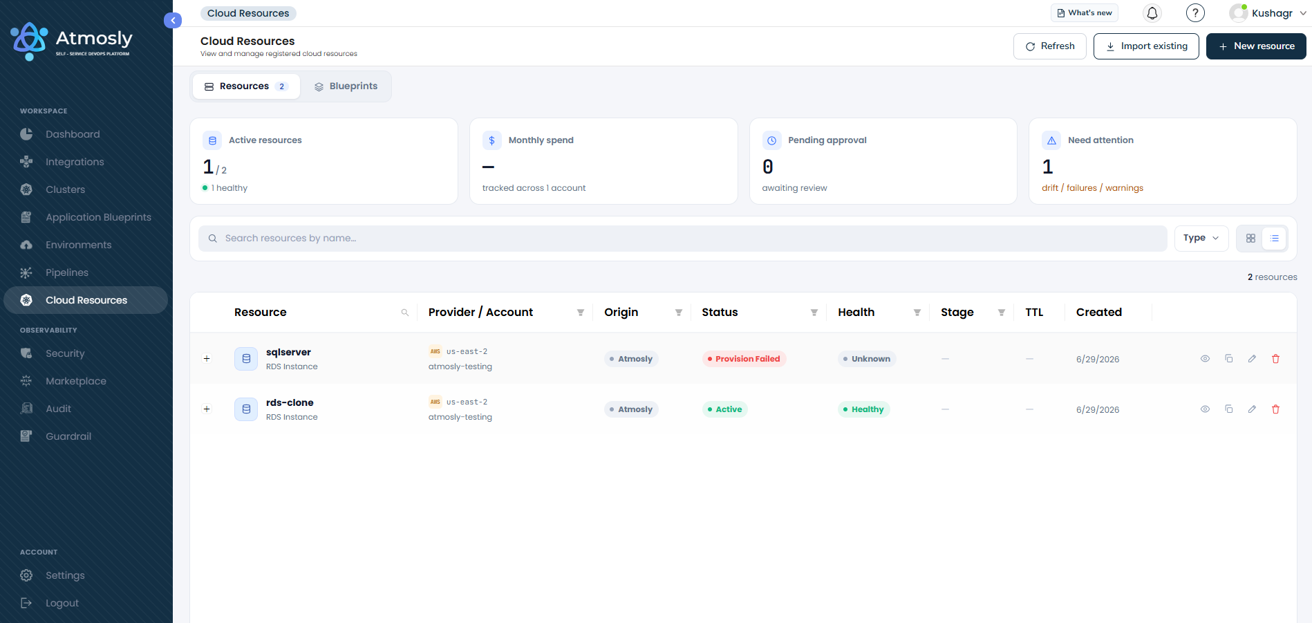 Cloud Resources overview listing provisioned AWS and GCP resources