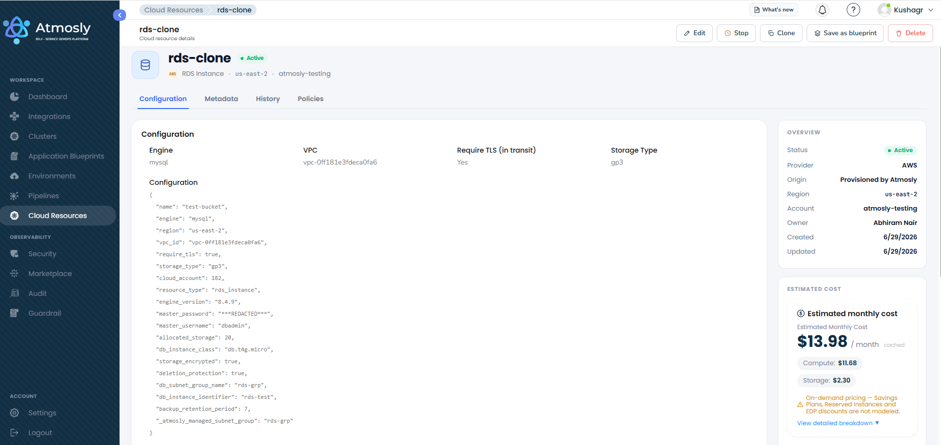 Cloud resource detail view with configuration, policies, and estimated monthly cost