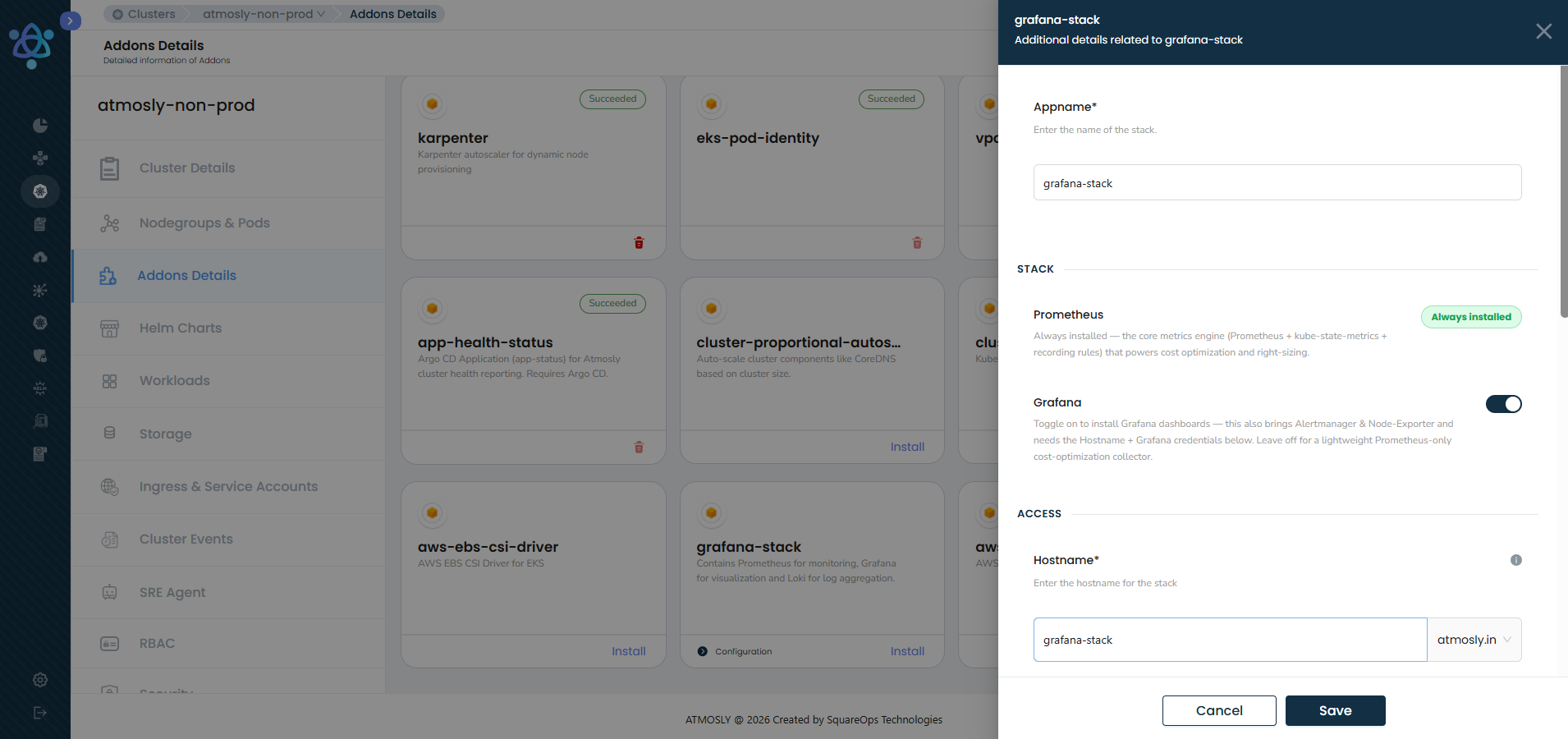 Add-ons configuration with independent Grafana and Prometheus deployment options