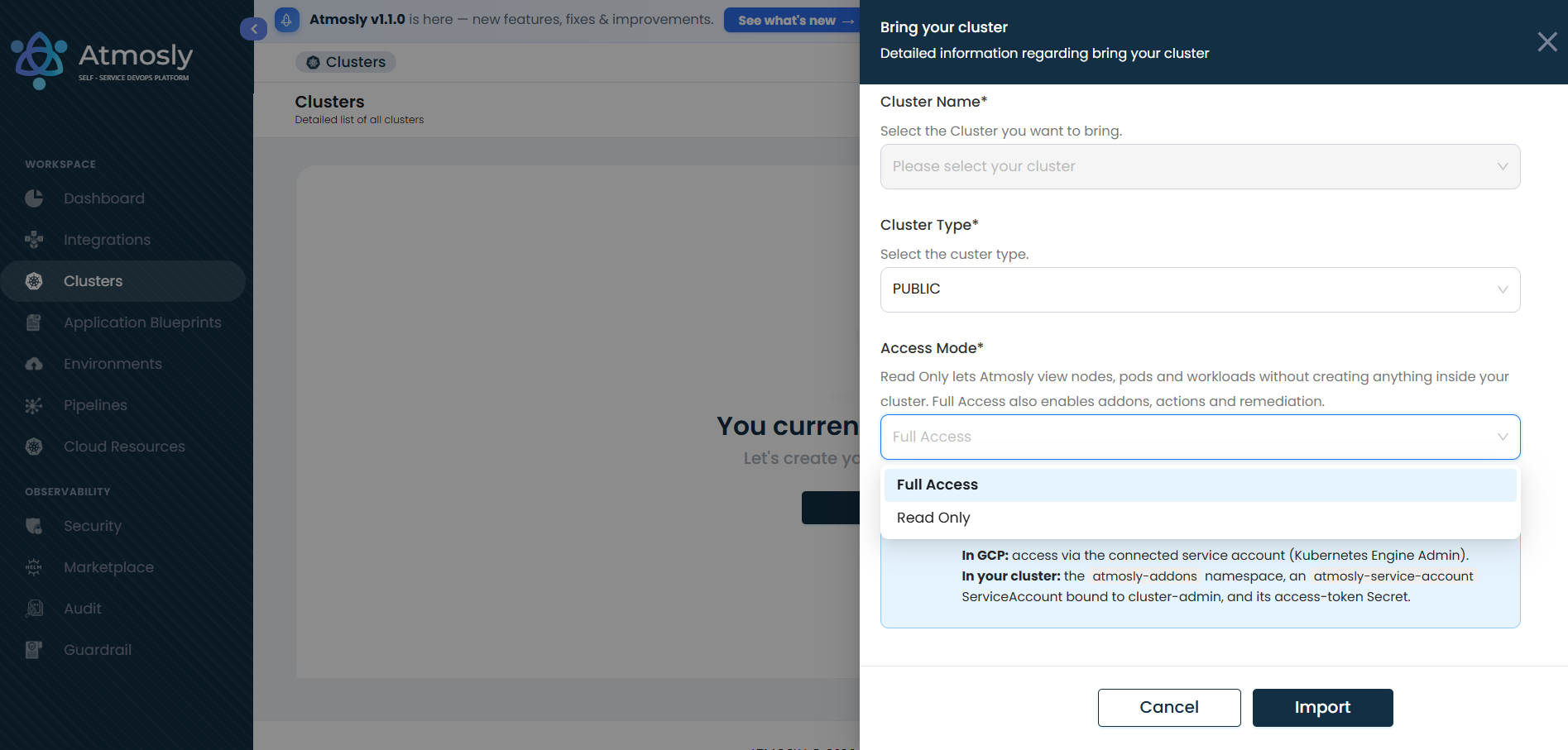 Bring your cluster dialog with Read Only and Full Access mode selection