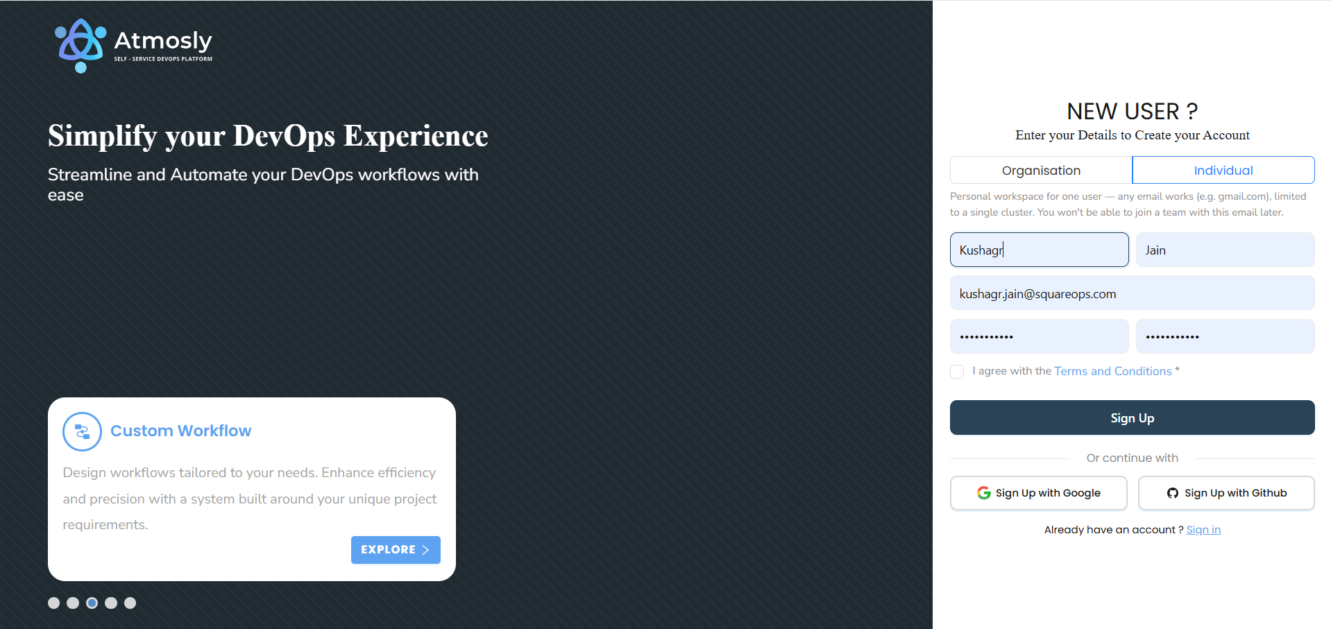 Signup form with Organisation and Individual account type toggle