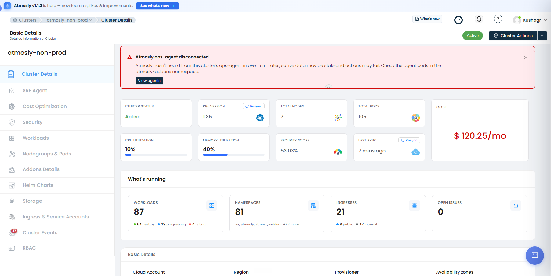 Cluster Details page with an ops-agent disconnected banner