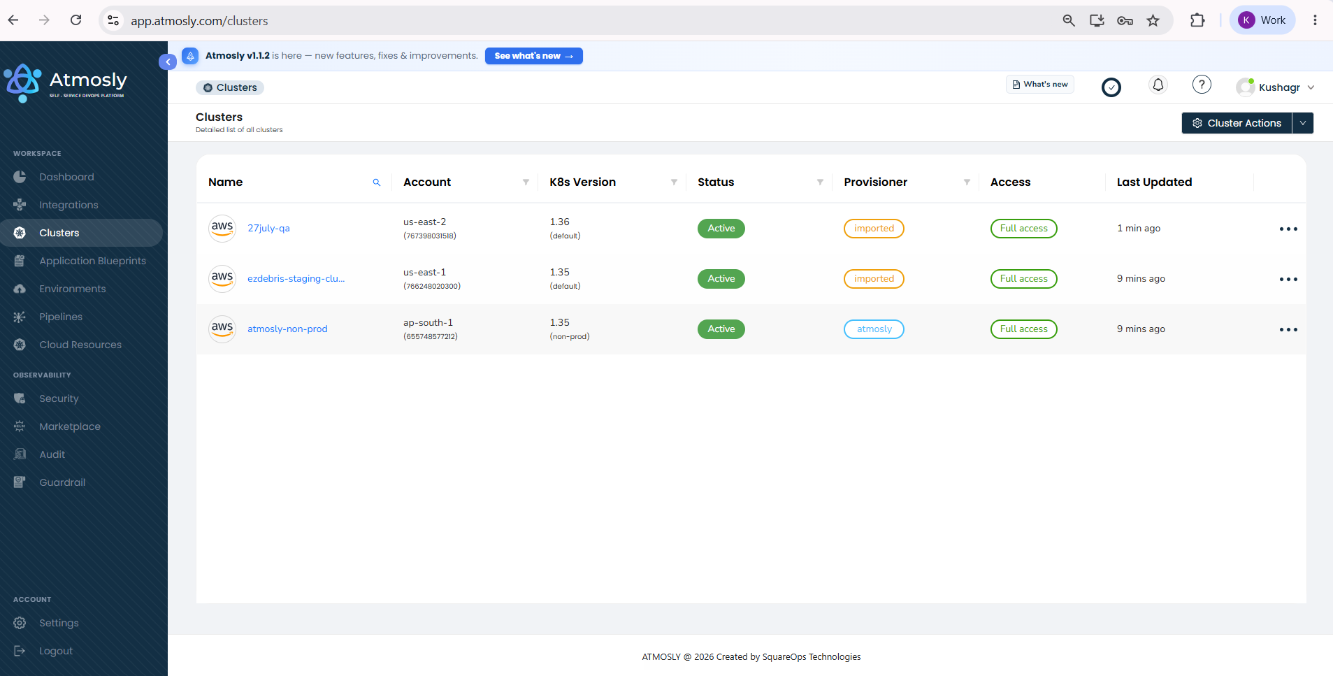 Clusters list showing an imported cluster running Kubernetes 1.36
