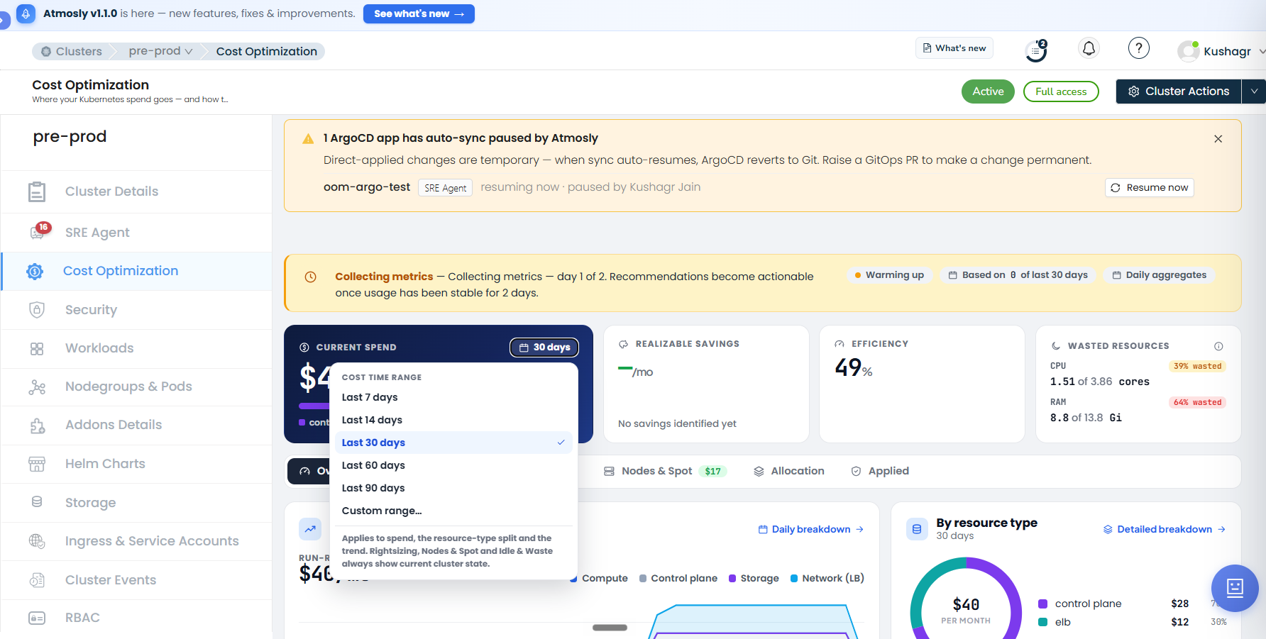 Cost Optimization page with the Cost Time Range selector open, showing fixed ranges and a custom range option