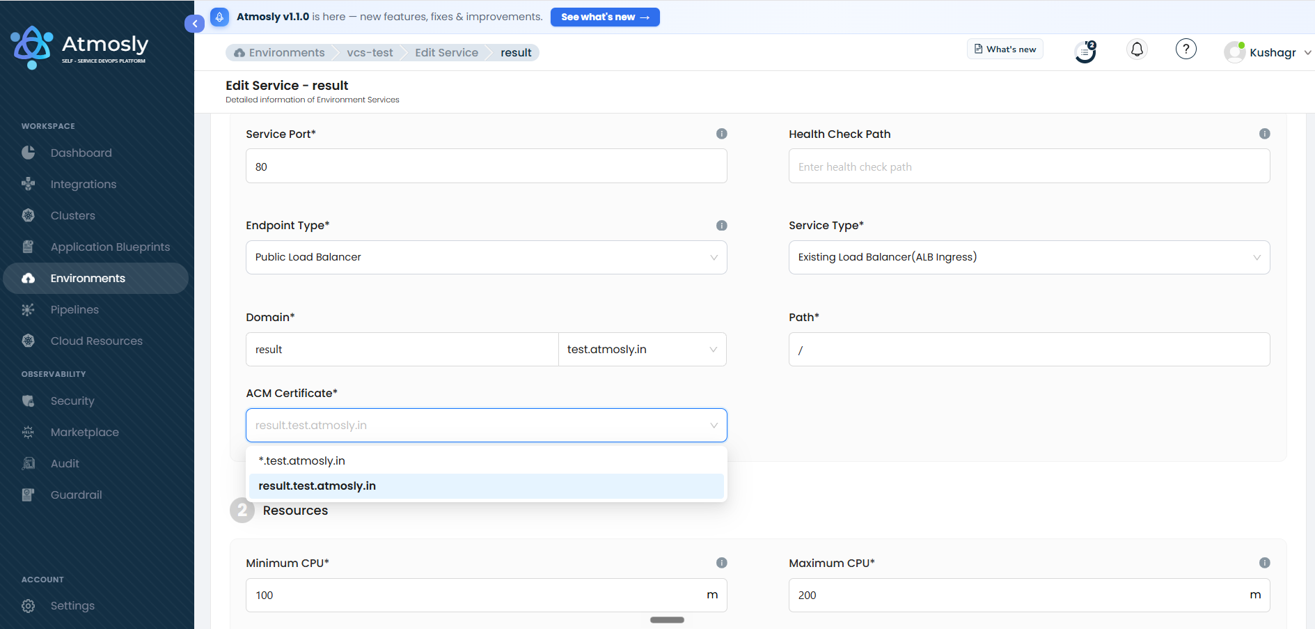 Edit Service page with the ACM Certificate dropdown listing existing certificates for the selected domain