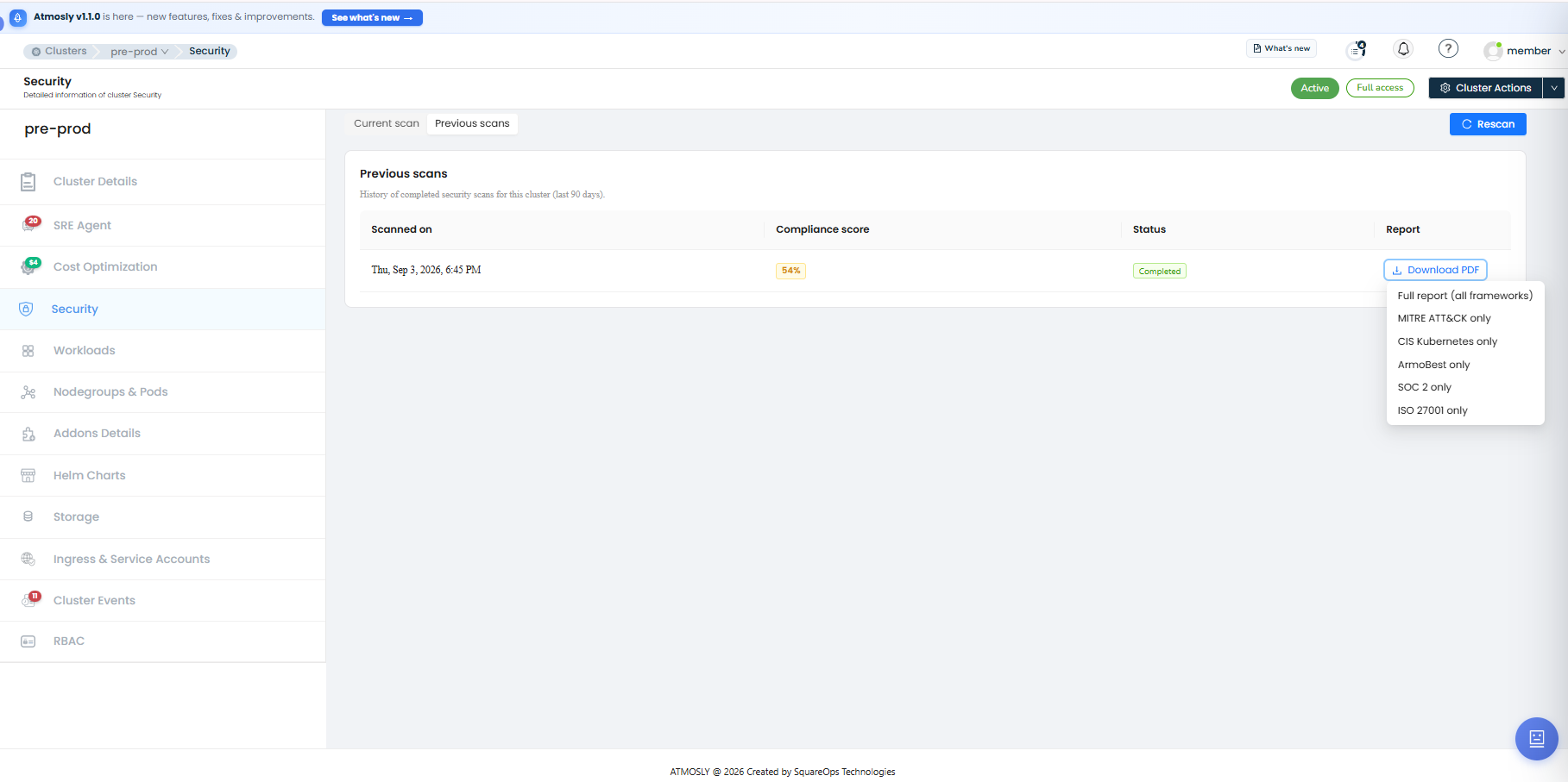 Previous scans tab on the cluster Security page with the Download PDF menu open, listing the full report and per-framework options