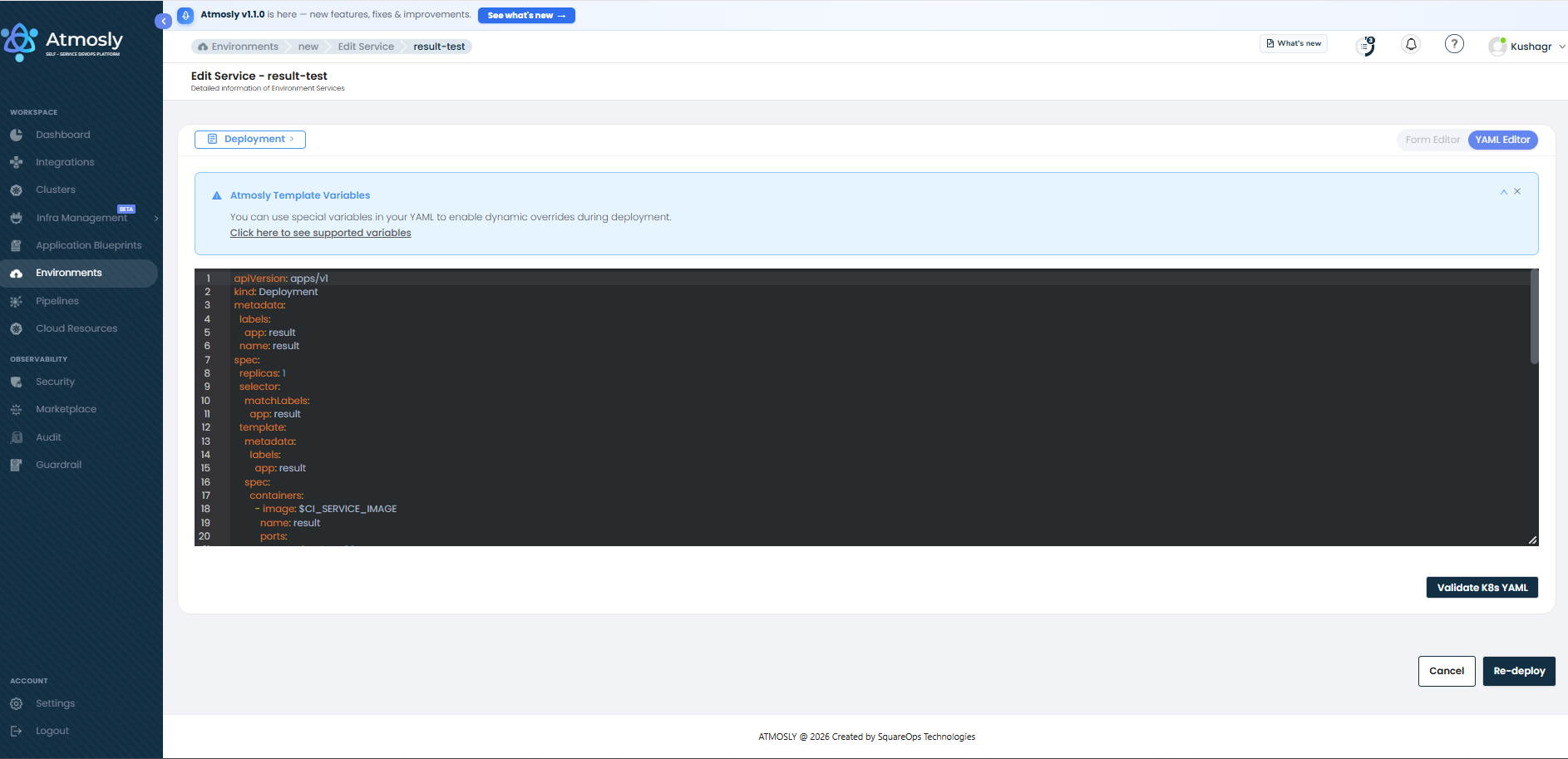 Edit Service page with the YAML Editor open on a Deployment manifest and a resize handle at the bottom-right of the editor