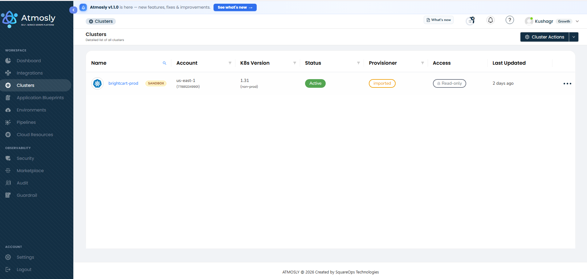 Brightcart sandbox cluster dashboard shown to a new user without any connected infrastructure