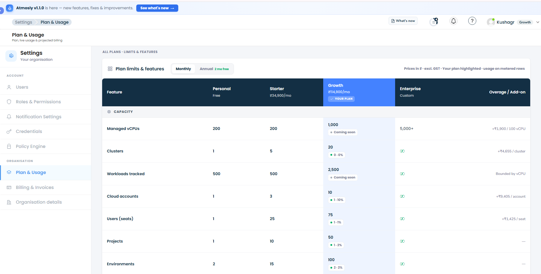 Revamped Plans, Entitlements and Billing page showing organisation-level limits and plan entitlements